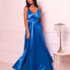 Satin fabric with slit liver dress blue