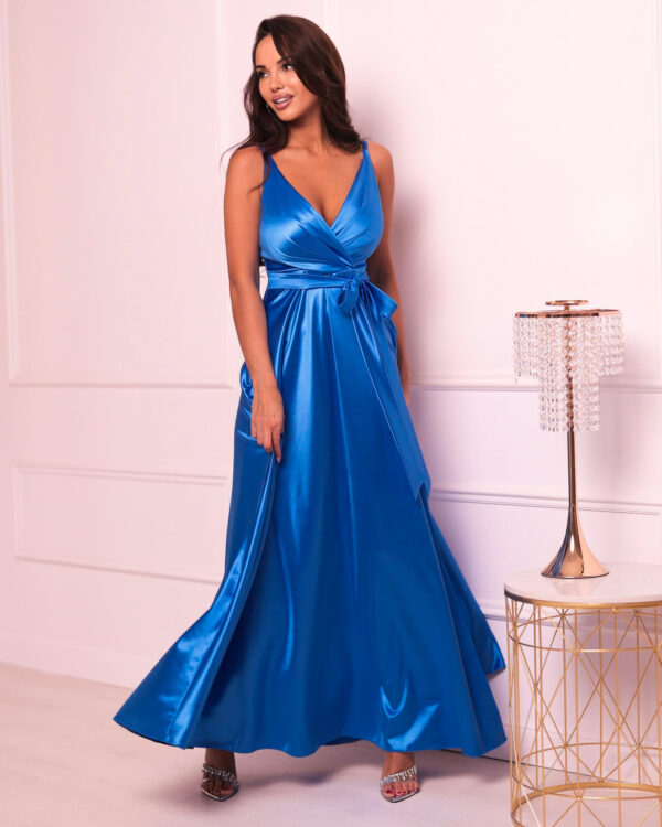 Satin fabric with slit liver dress blue