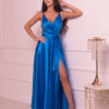 Satin fabric with slit liver dress blue