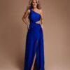Сатиновое асимметричное платье с печенками синего цвета