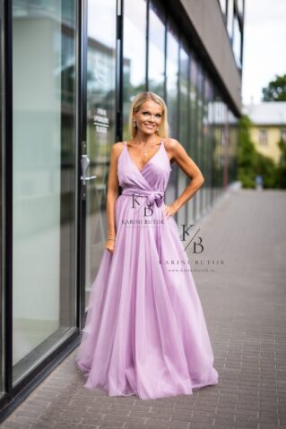 Satin maxi dress with tulle lace trim purple