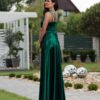 Satin fabric liver dress with slit green