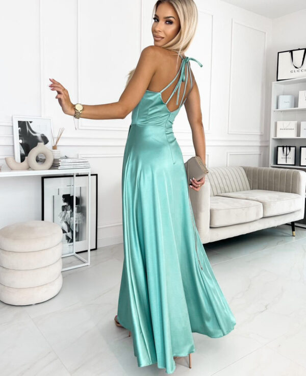 Satin fabric formal gown in pistachio green